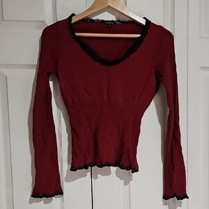WOW Couture Red Ribbed Lace Trim Crop Top | Long Sleeve | Size L
